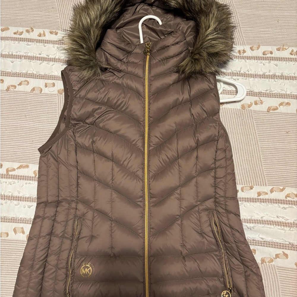 Michael Kors Brown Puffer Vest with Gold Accents